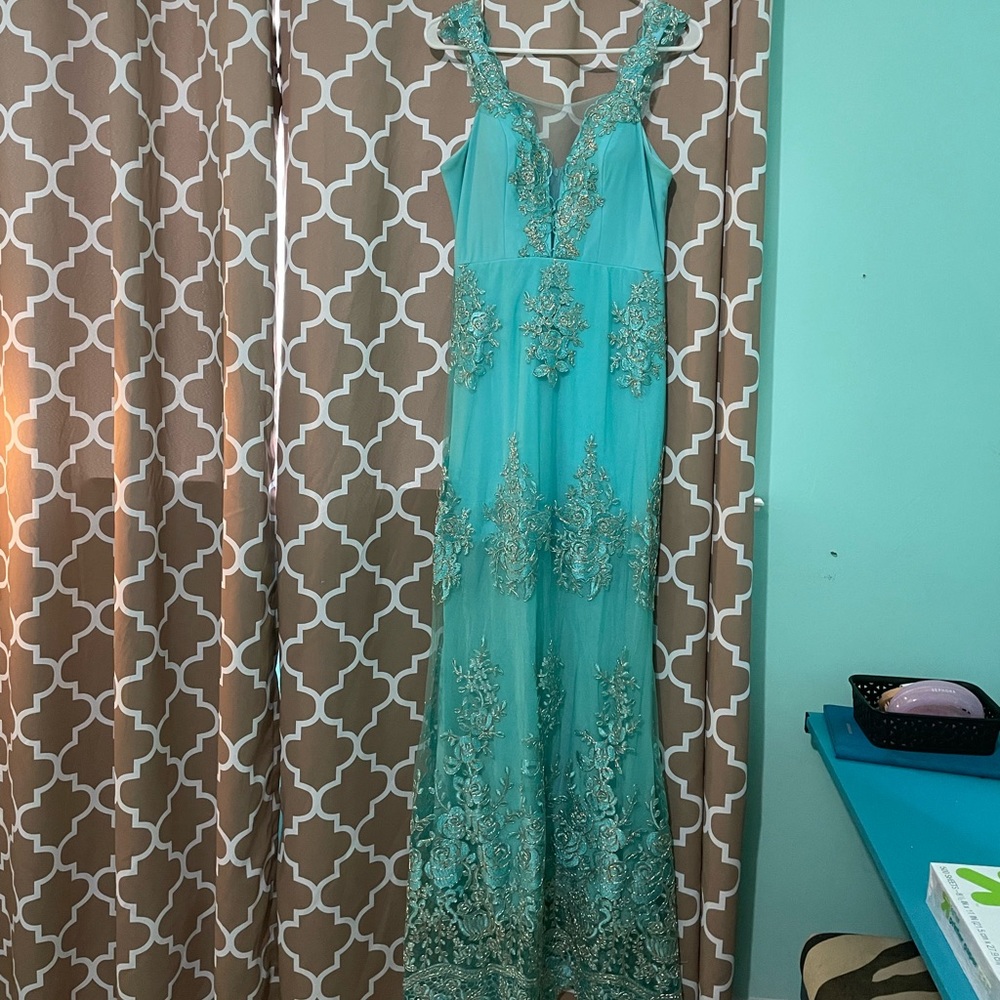 Turquoise rhinestone bridesmaid dress, angel fashions, in a medium.